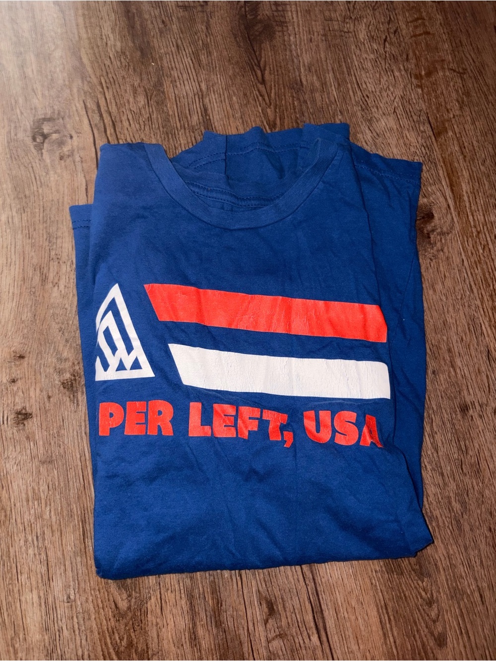 Blue Short-Sleeve Graphic Tee with Red & White Print